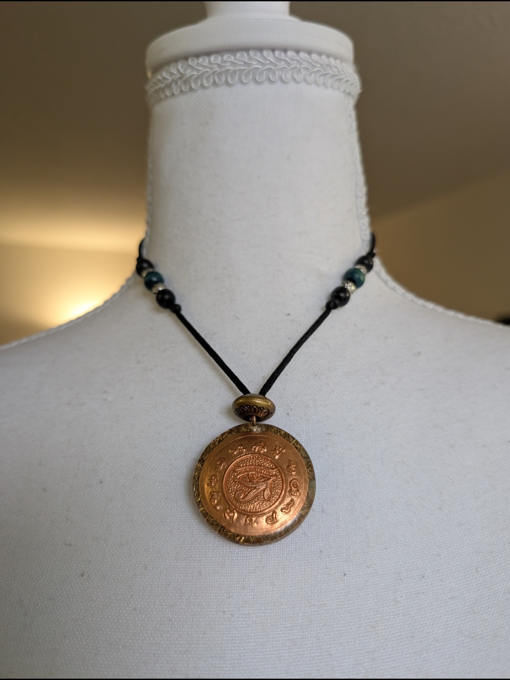 Eye Of Horus Copper Coil Necklace With Wooden Beads - Boho Spiritual